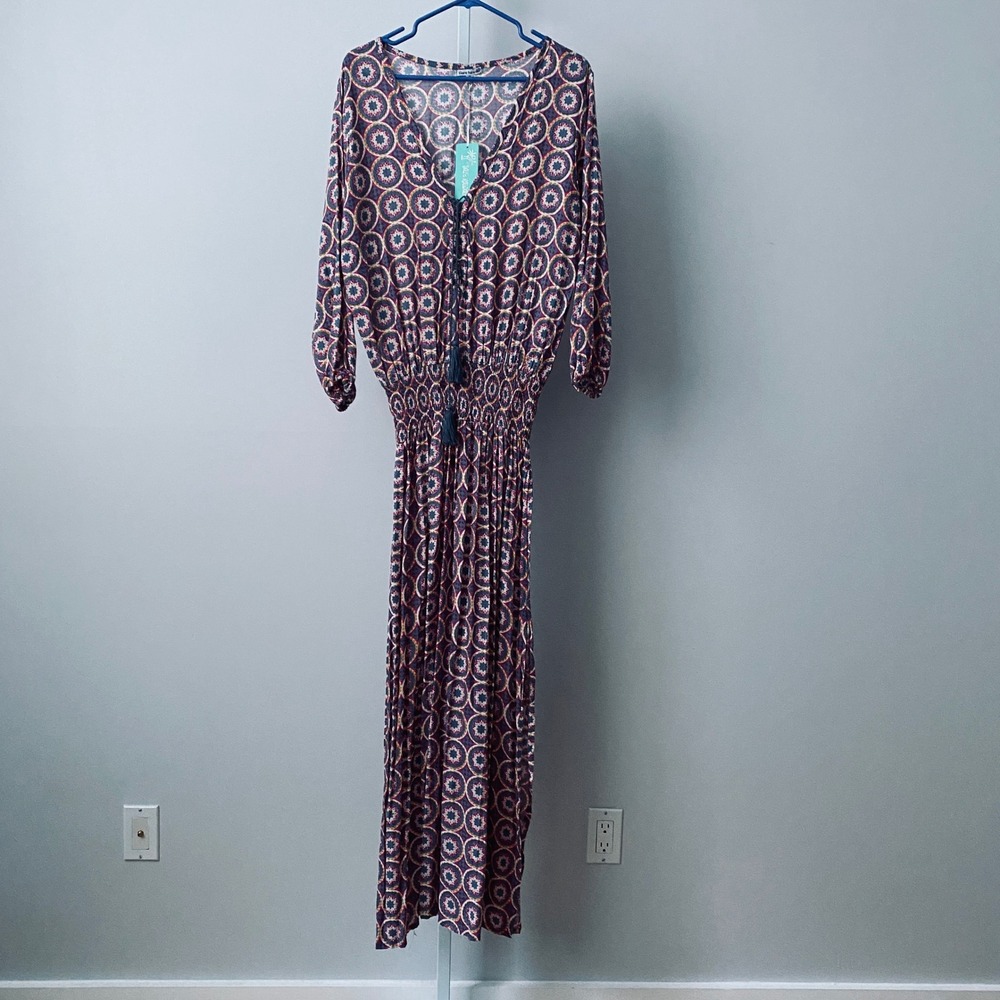 Tiare Hawaii Boho Beachy Relaxed Smocked Maxi Dress One Size Pink Blue